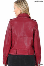 Load image into Gallery viewer, Dark Burgundy Vegan Leather Belted Moto Jacket