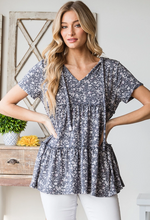 Load image into Gallery viewer, Navy Floral Ruffled Hoodie Babydoll Top - Plus