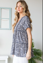 Load image into Gallery viewer, Navy Floral Ruffled Hoodie Babydoll Top - Plus