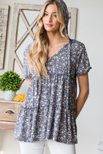 Load image into Gallery viewer, Navy Floral Ruffled Hoodie Babydoll Top - Plus