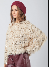 Load image into Gallery viewer, Champagne Fuzzy Feather Sequin Holiday Knit Sweater Top - Plus Size