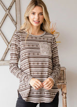 Load image into Gallery viewer, Mocha Winter Print Top with Sequin Pocket - Plus Size