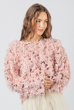 Load image into Gallery viewer, Pink Fuzzy Feather Sequin Holiday Knit Sweater Top - Plus Size