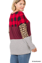 Load image into Gallery viewer, Buffalo Plaid Leopard Striped Bark Burgundy Splicing Top - Plus