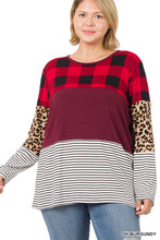 Load image into Gallery viewer, Buffalo Plaid Leopard Striped Bark Burgundy Splicing Top - Plus