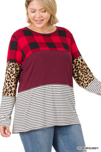 Load image into Gallery viewer, Buffalo Plaid Leopard Striped Bark Burgundy Splicing Top - Plus