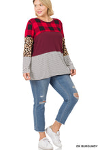 Load image into Gallery viewer, Buffalo Plaid Leopard Striped Bark Burgundy Splicing Top - Plus