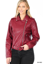 Load image into Gallery viewer, Dark Burgundy Vegan Leather Belted Moto Jacket
