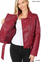 Load image into Gallery viewer, Dark Burgundy Vegan Leather Belted Moto Jacket