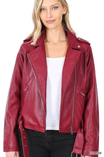Load image into Gallery viewer, Dark Burgundy Vegan Leather Belted Moto Jacket