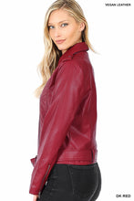 Load image into Gallery viewer, Dark Burgundy Vegan Leather Belted Moto Jacket