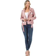 Load image into Gallery viewer, Blush Star Patch Vegan Leather Belted Moto Jacket