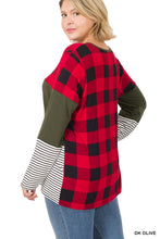 Load image into Gallery viewer, Buffalo Plaid Stripe Dark Olive Color Block Splicing Top - Plus