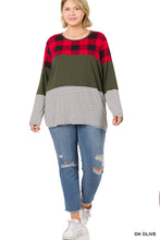 Load image into Gallery viewer, Buffalo Plaid Stripe Dark Olive Color Block Splicing Top - Plus