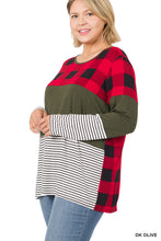 Load image into Gallery viewer, Buffalo Plaid Stripe Dark Olive Color Block Splicing Top - Plus