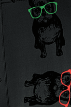 Load image into Gallery viewer, Frenchies - Cool French Bulldog Leggings fabric swatch showing the French Bulldogs in a black print on the gray background with the different colored sunglasses.