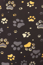 Load image into Gallery viewer, Close up of the Capri pattern with multi colored paw prints in shades of yellow, gold, white, tan and gray. Some of the paw prints are outlined in a different stated color.