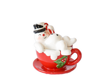 Load image into Gallery viewer, Snowman on Hot Chocolate Cup Christmas Salt and Pepper Shaker by Ganz
