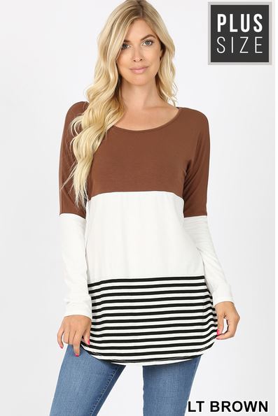 Light Brown Long Sleeve Color Block Top - Plus