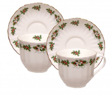 Holly Wreath English Bone China Teacups - Set of Two