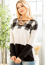 Load image into Gallery viewer, Crisscross V Neck Long Sleeve Plaid &amp; Solid Contrast Top
