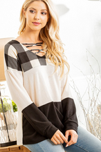 Load image into Gallery viewer, Crisscross V Neck Long Sleeve Plaid &amp; Solid Contrast Top
