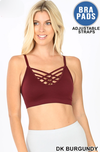 Triple Criss-Cross Dark Burgundy Bralette, Adjustable Straps with Pads