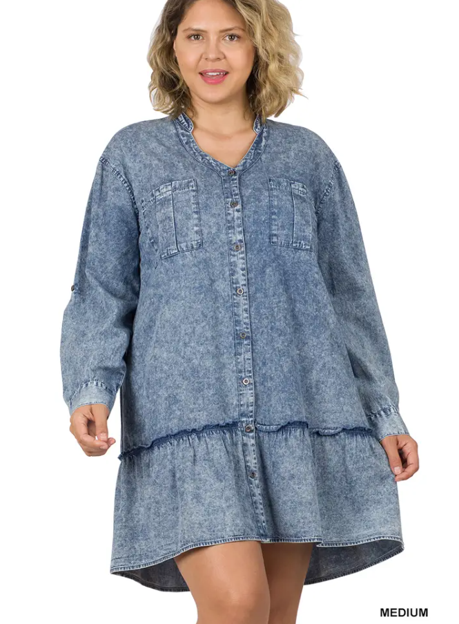 Denim Button Front Ruffle Mini Dress/Tunic - Plus Polly's Premium Leggings Denim Button Front Ruffle Mini Dress/Tunic - Plus Polly's Premium Leggings