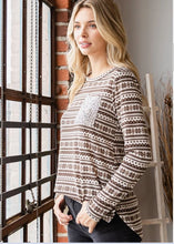 Load image into Gallery viewer, Mocha Winter Print Top with Sequin Pocket - Plus Size
