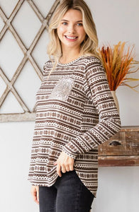 Mocha Winter Print Top with Sequin Pocket - Plus Size