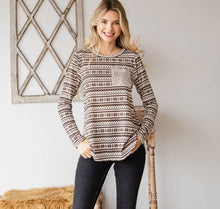 Load image into Gallery viewer, Mocha Winter Print Top with Sequin Pocket
