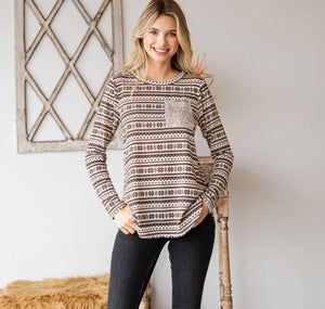 Mocha Winter Print Top with Sequin Pocket - Plus Size