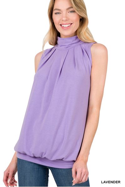 Lavender Sleeveless High Neck Pleated Top