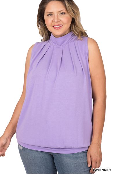 Lavender Sleeveless High Neck Pleated Top - Plus