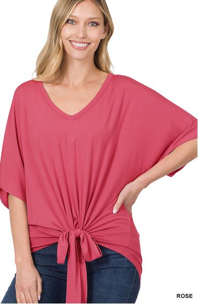Luxe Rayon V-Neck Tie Front Top - Rose
