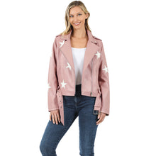 Load image into Gallery viewer, Blush Star Patch Vegan Leather Belted Moto Jacket
