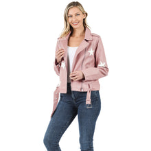 Load image into Gallery viewer, Blush Star Patch Vegan Leather Belted Moto Jacket
