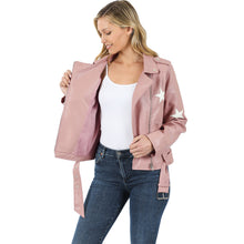 Load image into Gallery viewer, Blush Star Patch Vegan Leather Belted Moto Jacket
