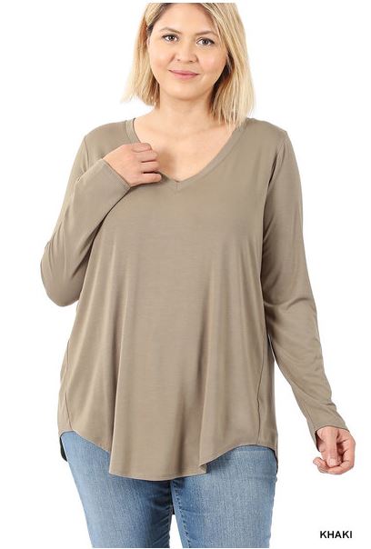 Luxe Rayon Khaki Long Sleeve Tunic Top - Plus
