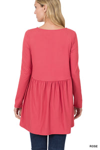 Brushed Waist Shirring Long Sleeve Top - Rose