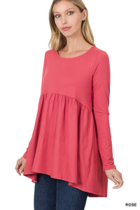Brushed Waist Shirring Long Sleeve Top - Rose