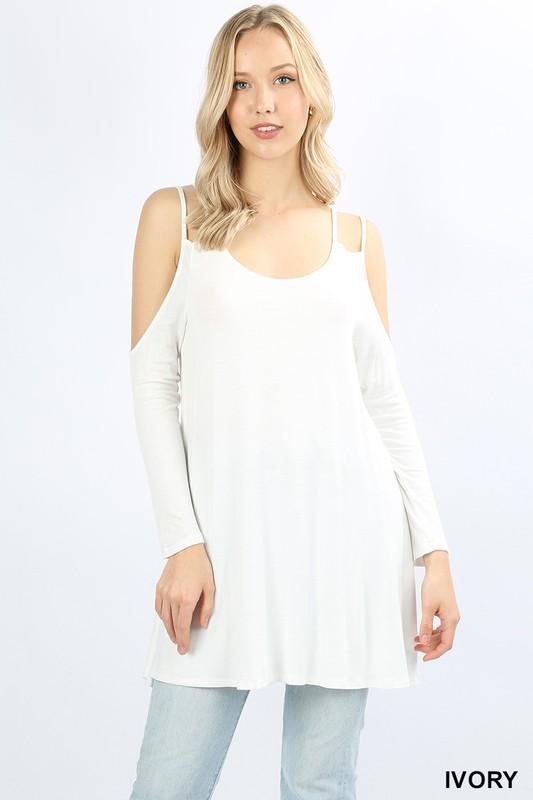 Lovely Ivory Cold Shoulder Top with long sleeves that is perfect for any occasion. 