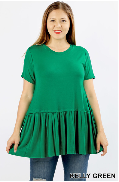 Kelly Green Ruffle Bottom Short Sleeve Top-Plus Size
