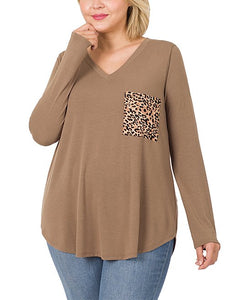 Plus Size Leopard Print Pocket Long Sleeve Top - Mocha