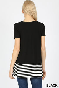 Short Sleeve Color Block Tunic with Stripes-Black