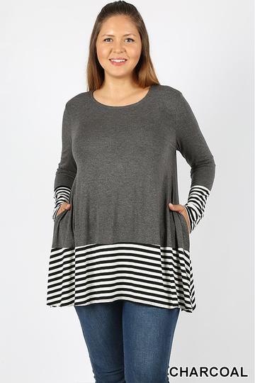 Color Block Tunic with Stripes-Charcoal
