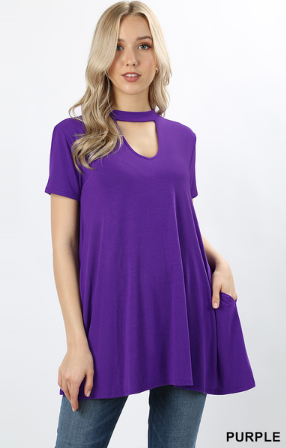 Choker Neck Top with Side Pockets - Purple
