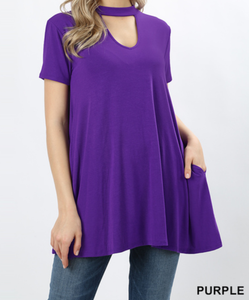 Choker Neck Top with Side Pockets - Purple