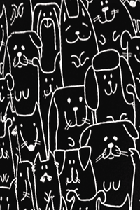 Close up picture of the pattern of white outlined happy dog faces on a black background.