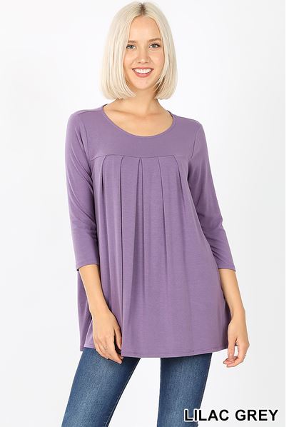 Quarter Sleeve Pleated Top - Lilac Grey